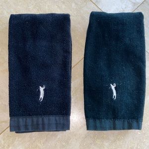 Two black golf bag towels with golfer logo